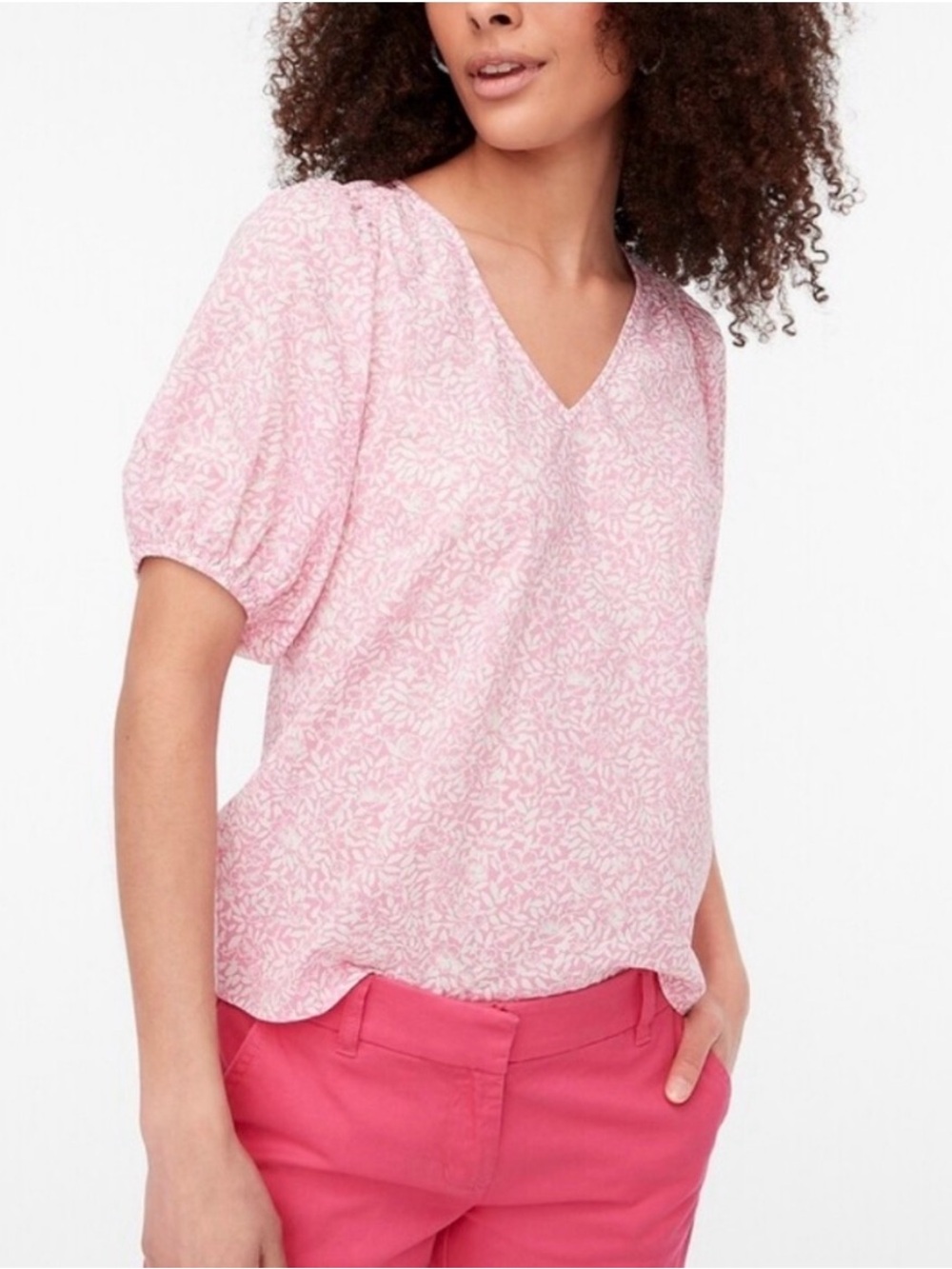 J. Crew 100% cotton puff sleeve v neck pink & white floral print blouse Sz S